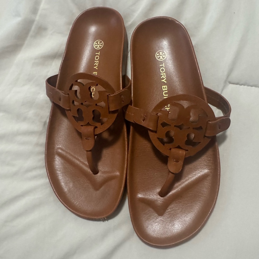 Tory Burch Brown Leather Logo Thong Sandals